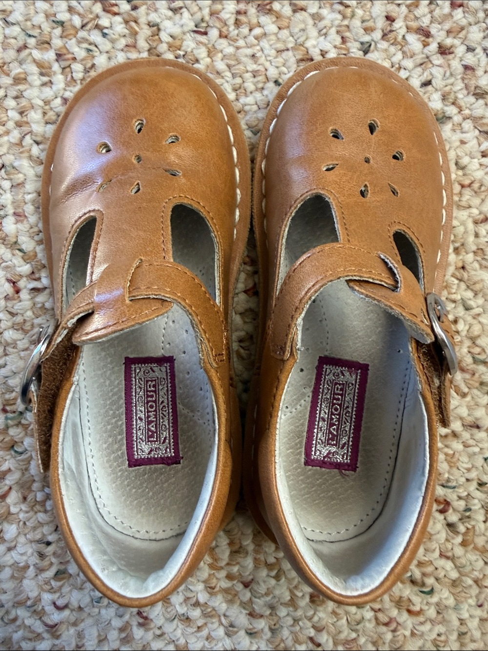 L'Amour Kids Tan Leather T-Strap Mary Janes - Picture 4 of 6